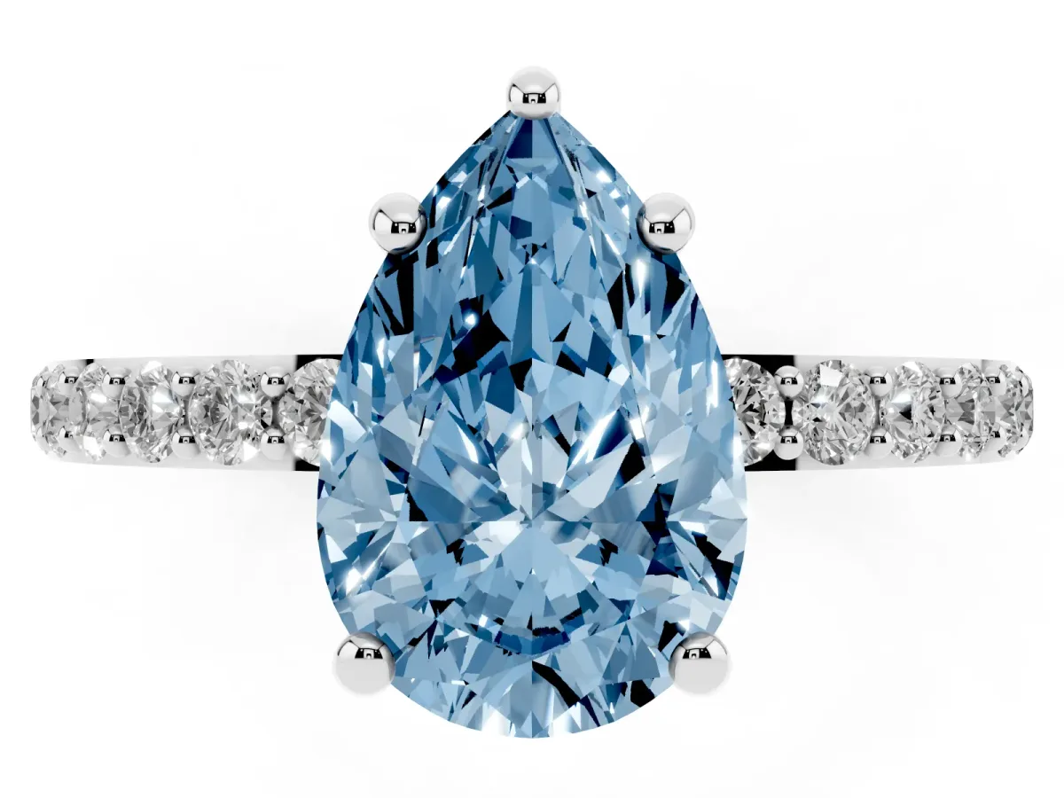 Fancy Blue Pear Cut Diamond Solitaire Ring with Round Pavé Band and Prong Setting Platinum