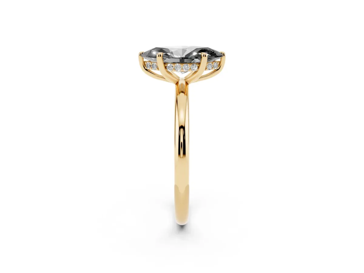 Fancy Black Marquise Cut Diamond Solitaire Ring with Thin Band and Four-Prong Setting Yellow gold