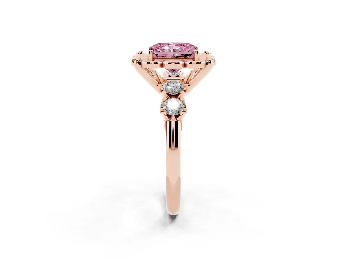 Fancy Pink Radiant Cut Cut Diamond Floral Halo Engagement Ring with Shared Prong Setting Rose gold