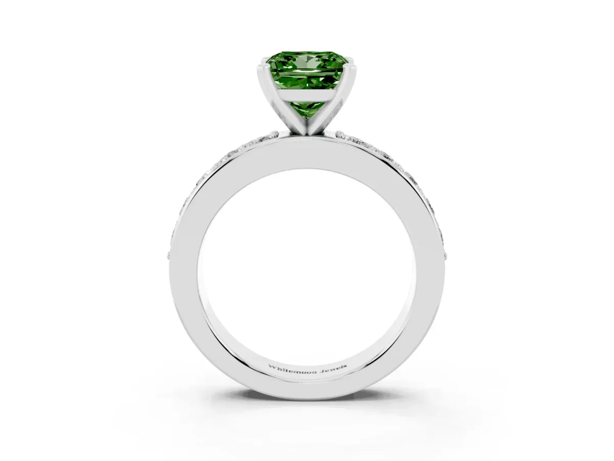 Fancy Green Princess Cut Diamond Engagement Ring with Channel Set Round Band and Prong Setting Platinum