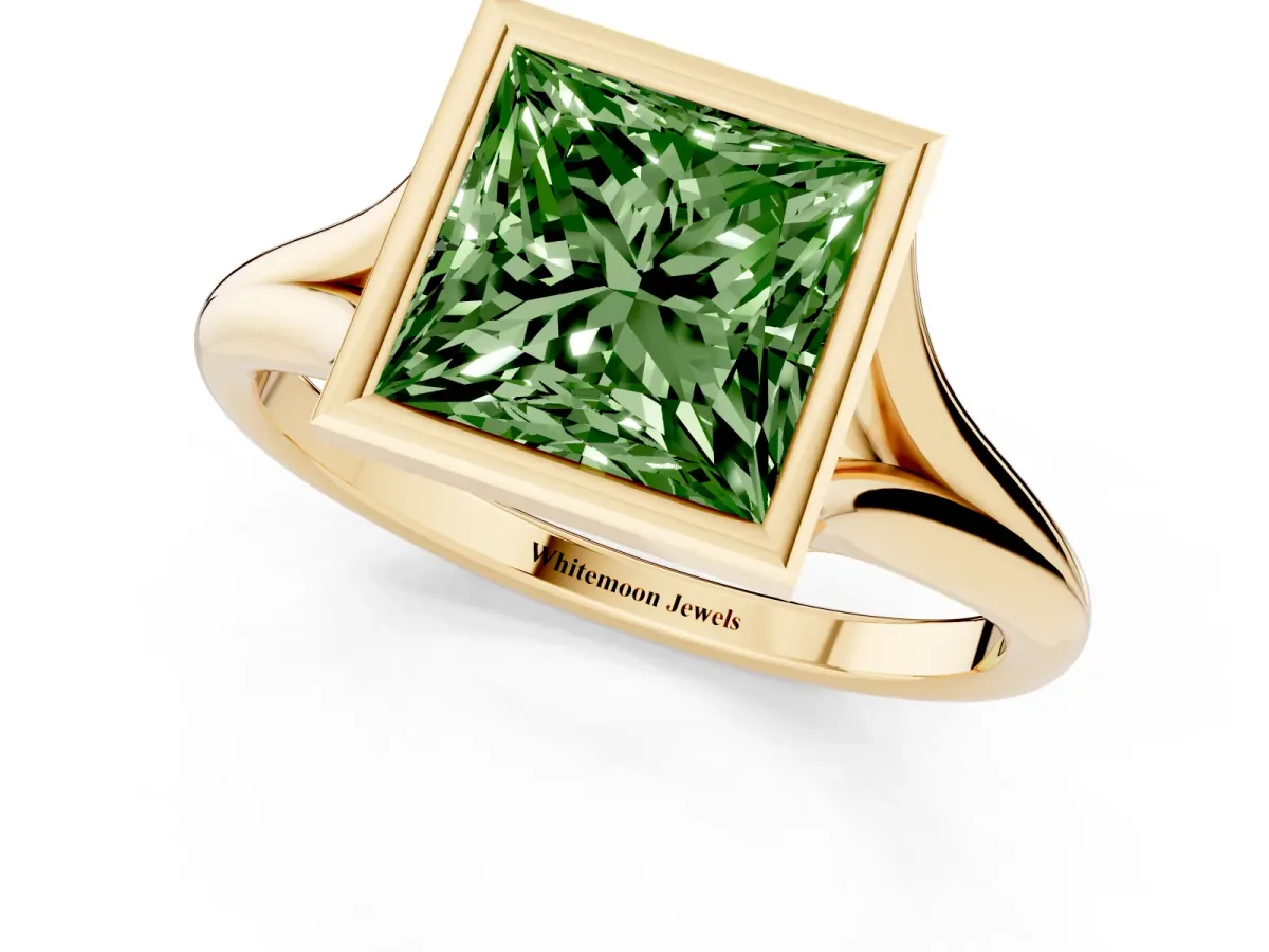 Fancy Green Bezel Set Princess Cut Cut Solitaire Ring with Tapered Band Yellow gold