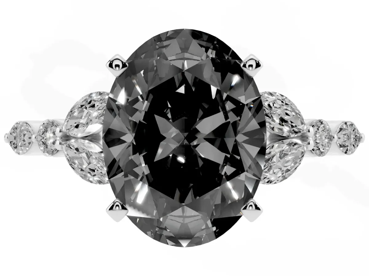 Fancy Black Oval Cut Diamond Solitaire Ring with Side Stones and Four-Prong Setting Silver