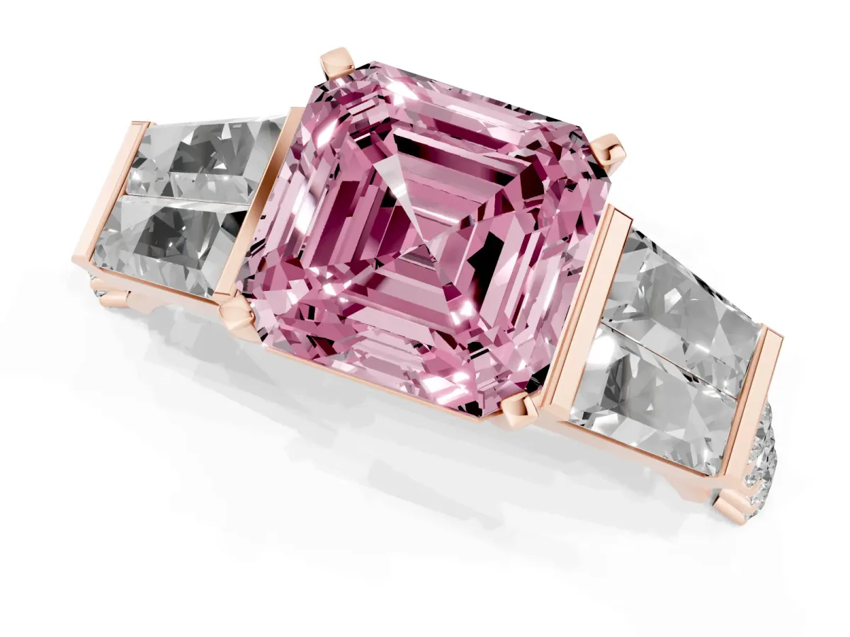 Fancy Pink Asscher Cut Diamond Engagement Ring with Baguette Side Stones and Channel Set Band Rose gold