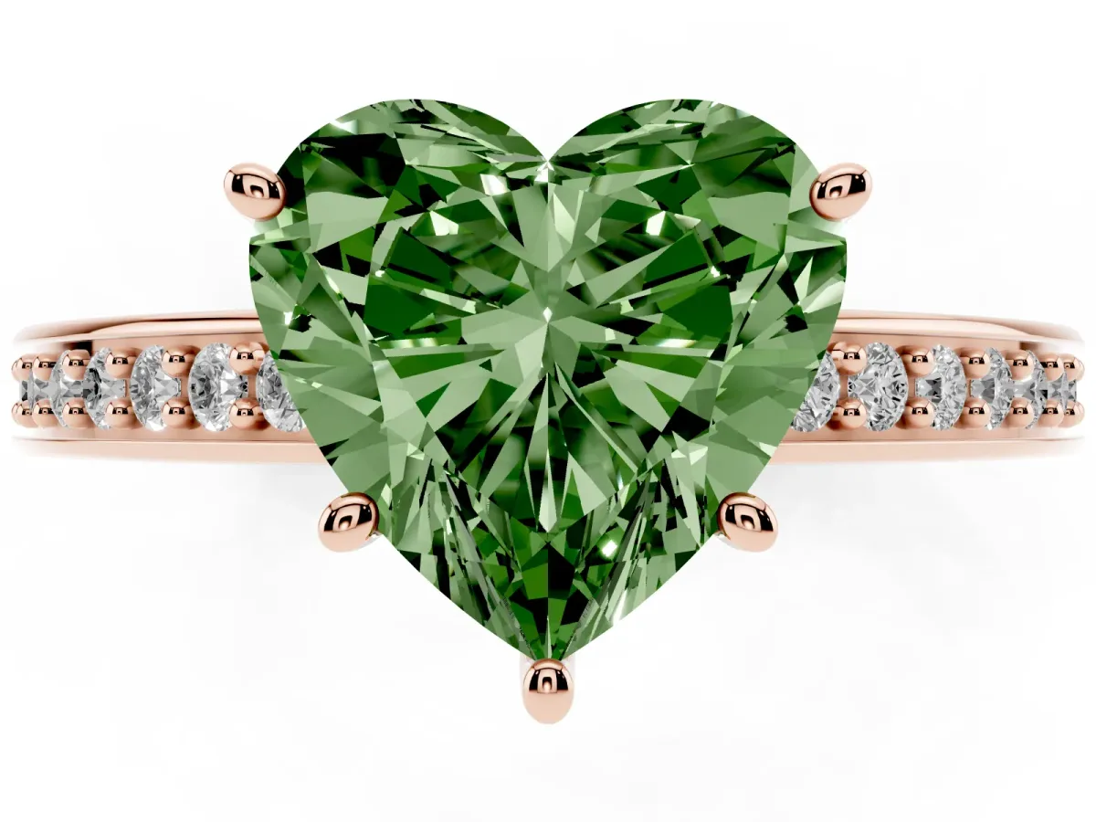 Fancy Green Heart Cut Solitaire Pavé Band Prong Setting Ring Rose gold