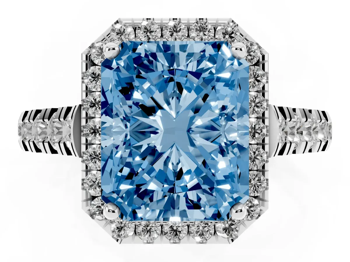 Fancy Blue Radiant Cut Halo Pavé Diamond Engagement Ring with Four-Prong Setting Silver
