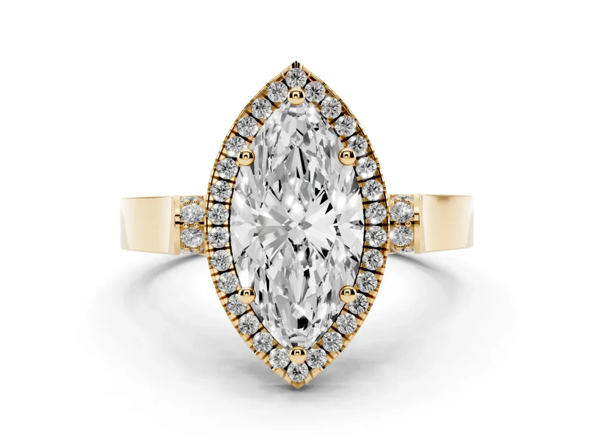 Marquise Cut Halo Round Diamond Twist Band with Four-Prong Setting Yellow gold