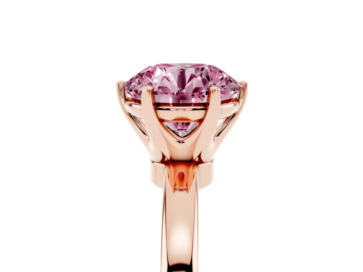 Fancy Pink Round Cut Solitaire Diamond Ring with Six-Prong Setting on a Classic Band Rose gold
