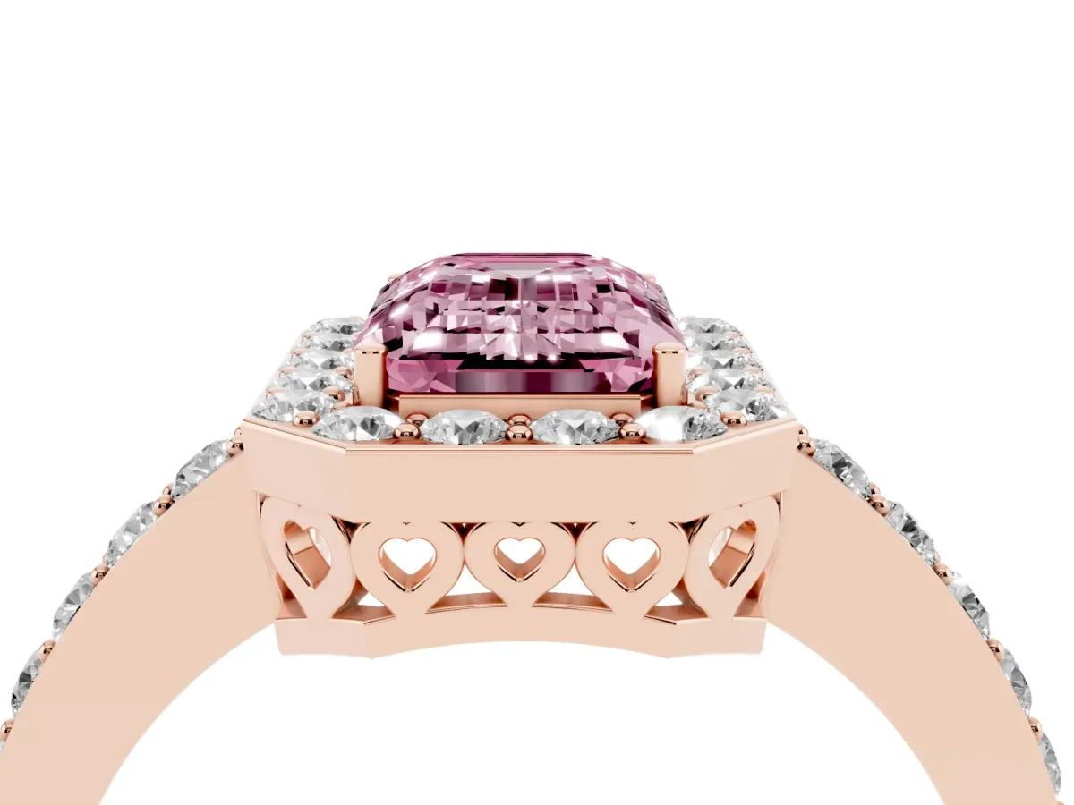 Fancy Pink Emerald Cut Halo Diamond Pavé Band Ring with Prong Setting Rose gold