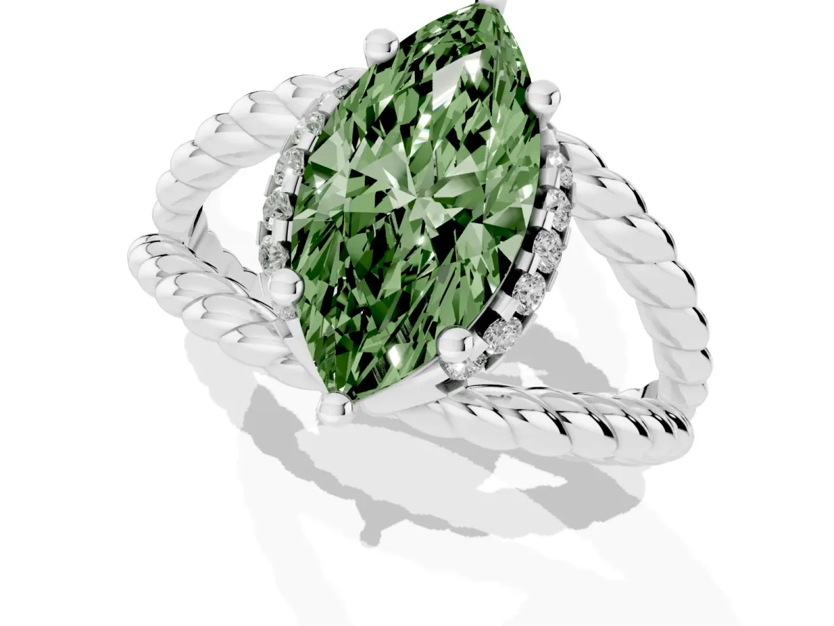 Fancy Green Marquise Cut Halo Twisted Band Four-Prong Ring Silver