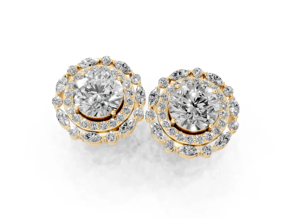 Round Diamond Double Halo Stud Earrings with Prong Setting Yellow gold