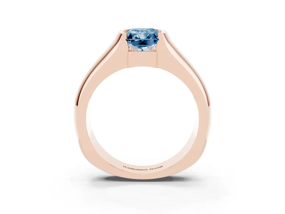 Fancy Blue Radiant Cut Solitaire Bezel Set Diamond Ring with Wide Band Rose gold