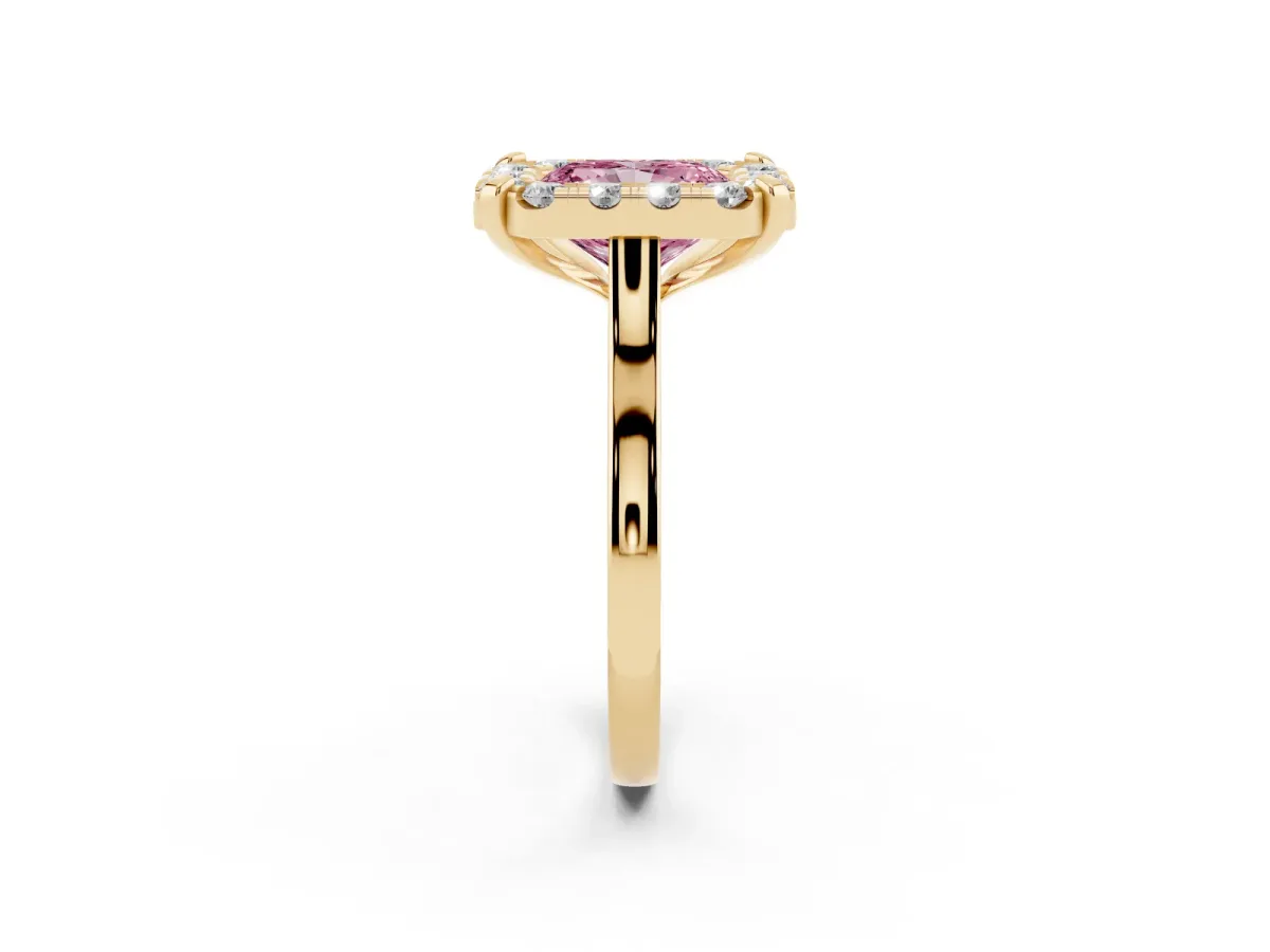 Fancy Pink Radiant Cut Diamond Cluster Halo Solitaire with Four-Prong Setting Yellow gold