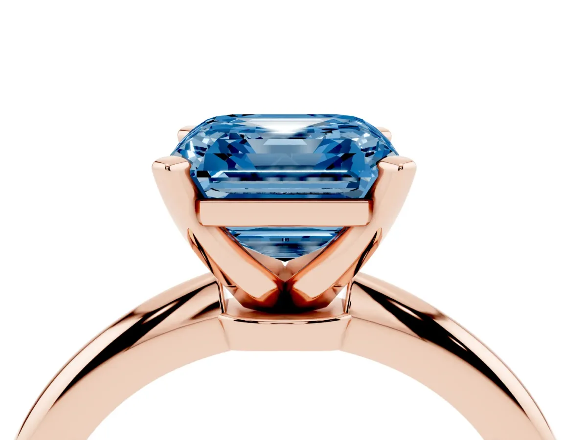 Fancy Blue Asscher Cut Diamond Solitaire Ring with Prong Setting and Classic Band Rose gold