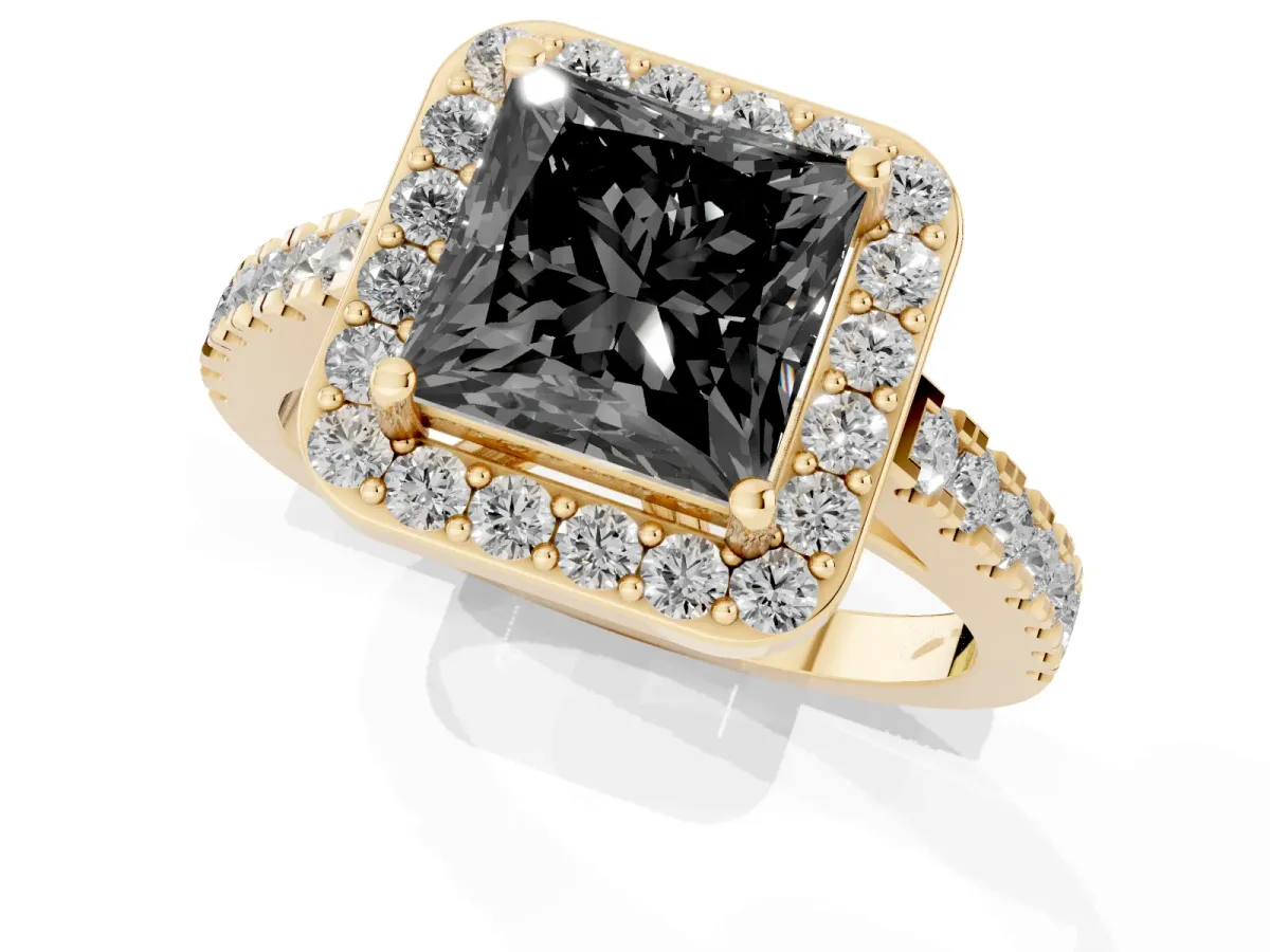 Fancy Black Princess Cut Diamond Halo Ring with Round Pavé Split Shank and Prong Setting Yellow gold