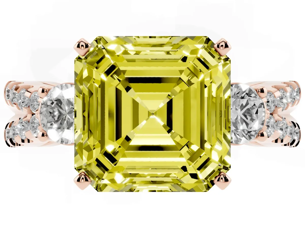 Fancy Yellow Asscher Cut Diamond Three-Stone Ring with Pavé Split Shank and Four-Prong Setting Rose gold