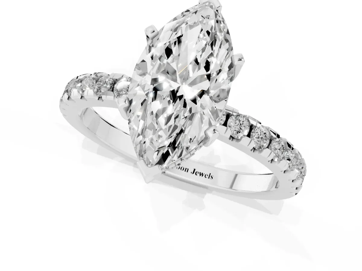 Marquise Cut Diamond Solitaire Ring with Round Pavé Band and Four-Prong Setting Silver