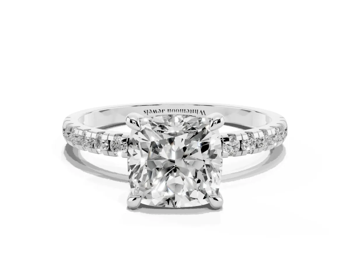 Cushion Cut Diamond Brilliant Solitaire Ring with Pavé Band and Four-Prong Setting Platinum