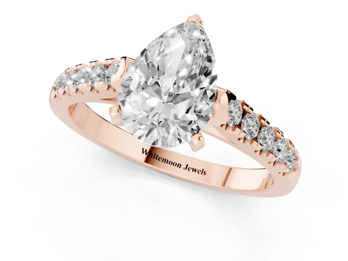 Pear Cut Diamond Pavé Band Solitaire Ring with Prong Setting Rose gold