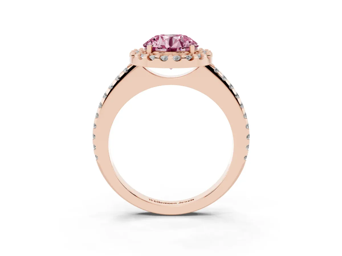 Fancy Pink Round Cut Diamond Pavé Halo Ring with Four-Prong Setting Rose gold