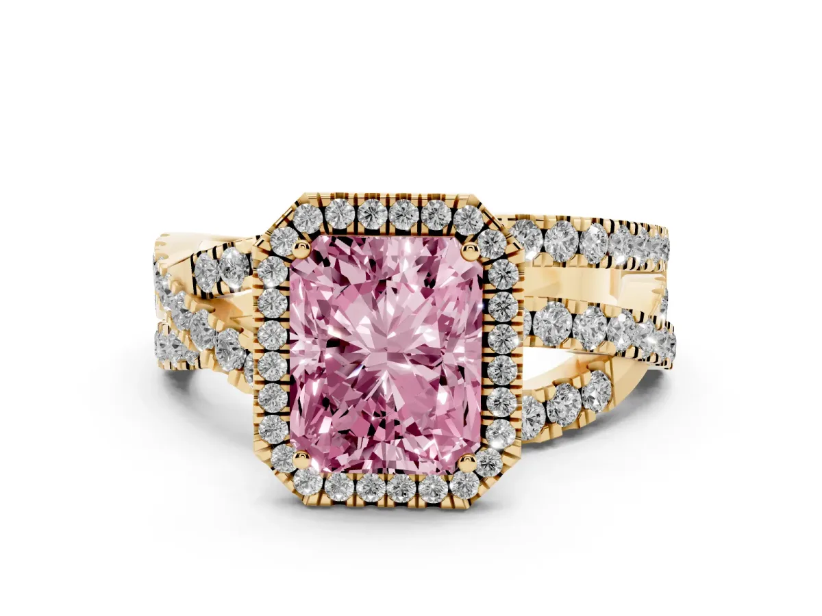 Fancy Pink Radiant Cut Diamond Halo Ring with Round Split Shank and Prong Setting Yellow gold