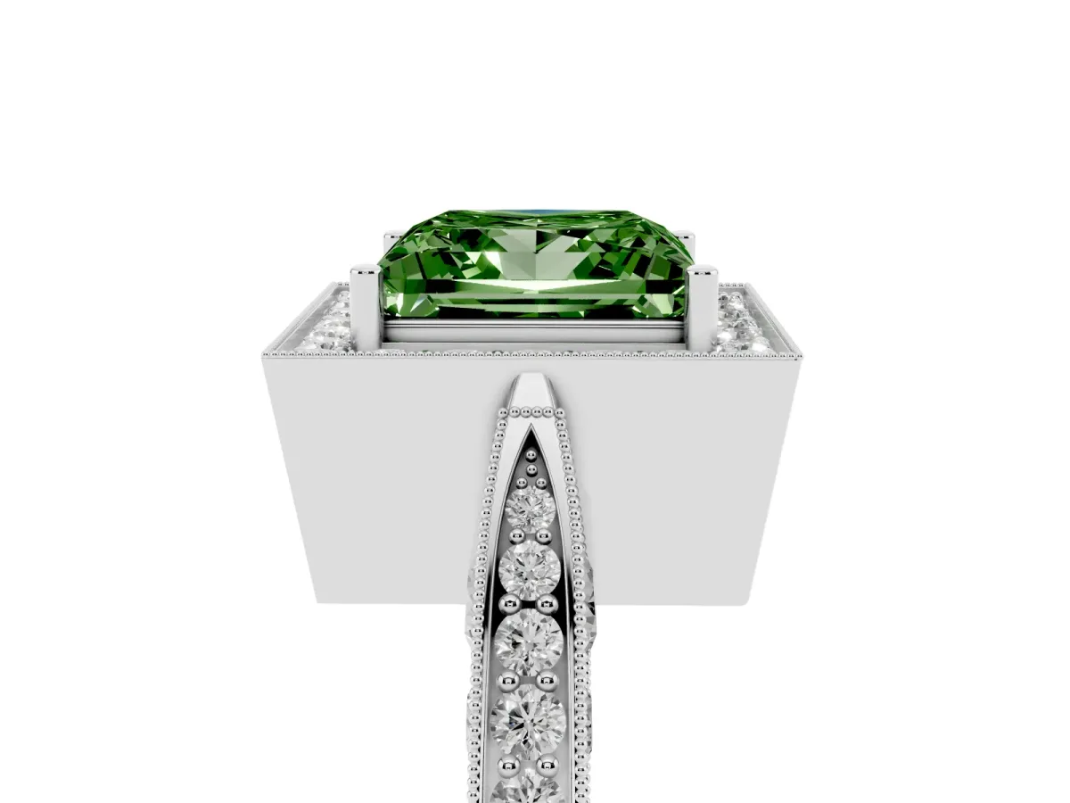 Fancy Green Princess Cut Halo Diamond Engagement Ring with Split Shank Band and Four-Prong Setting Silver