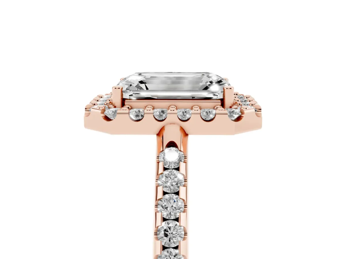 Emerald Cut Diamond Pavé Halo Ring with Four-Prong Setting Rose gold