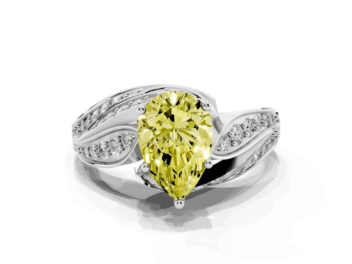 Fancy Yellow Pear Cut Diamond Solitaire Ring with Prong Setting and Twisted Pavé Band Silver