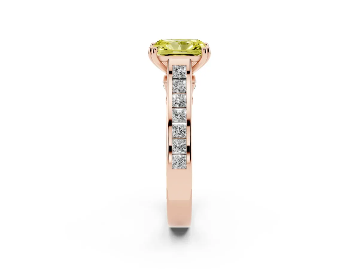Fancy Yellow Radiant Cut Cut Channel Set Solitaire Engagement Ring with Prong Setting Rose gold