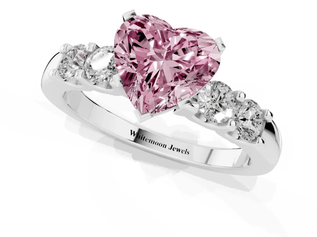 Fancy Pink Heart Cut Brilliant Cut Diamond Five-Stone Prong Set Engagement Ring with Channel Band Silver