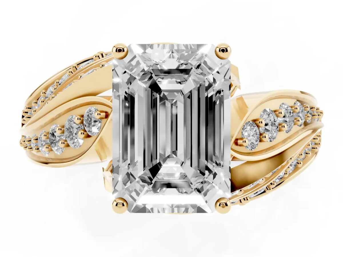 Emerald Cut Diamond Solitaire Ring with Prong Setting and Twisted Pavé Band Yellow gold