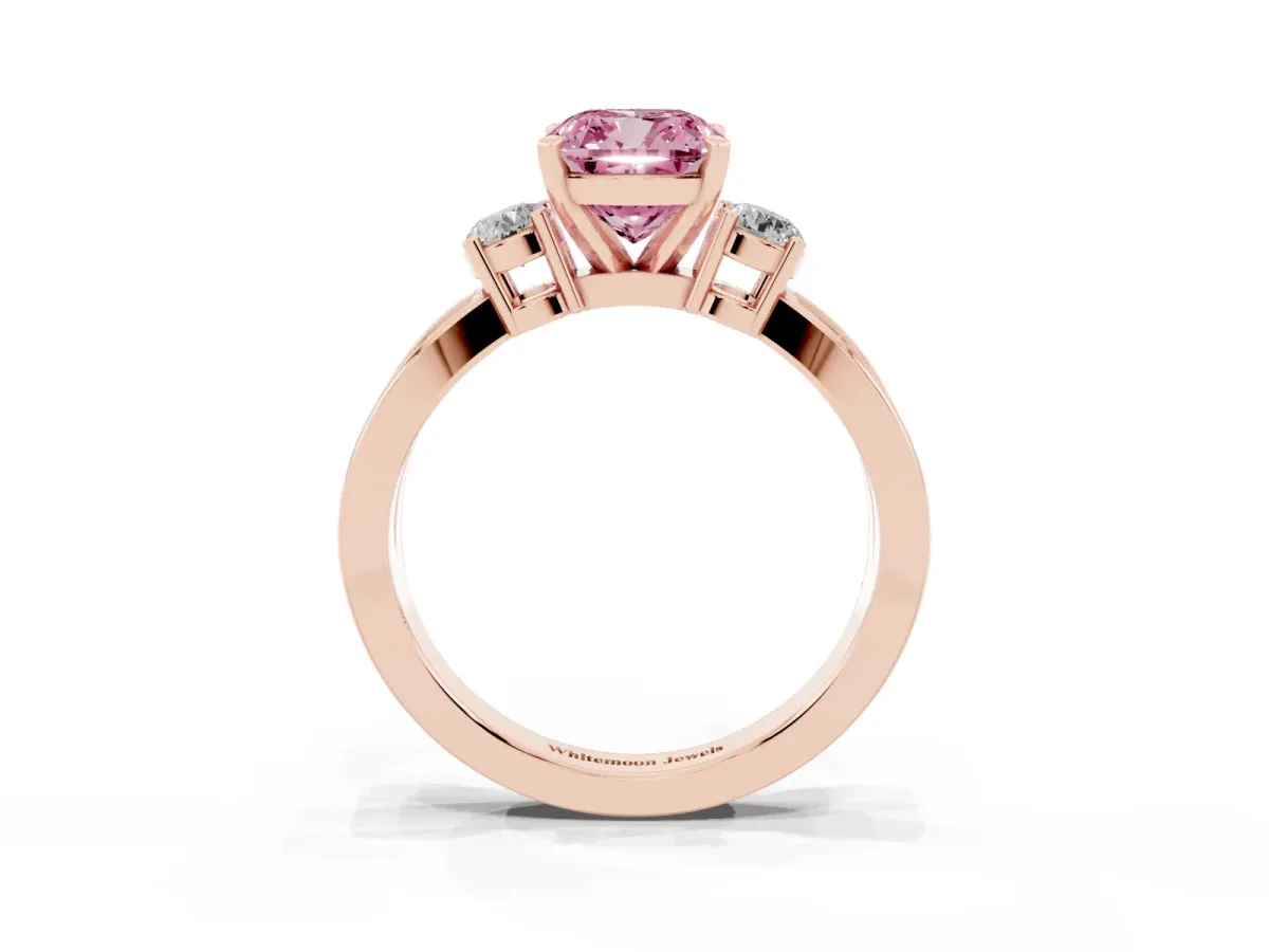 Fancy Pink Three-Stone Cushion Cut Cut Diamond Twist Band with Prong Setting Rose gold