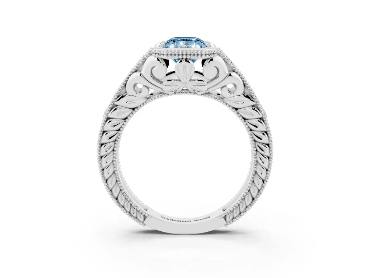 Fancy Blue Bezel Set Emerald Cut Diamond Milgrain Pave Engagement Ring Platinum