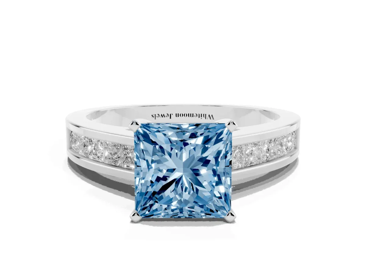 Fancy Blue Princess Cut Solitaire Diamond Ring with Channel-Set Band and Four-Prong Setting Platinum