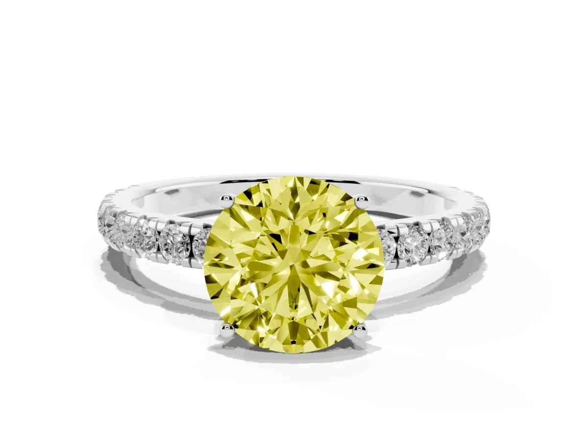 Fancy Yellow Round Cut Diamond Pavé Solitaire Engagement Ring with Four-Prong Setting Platinum