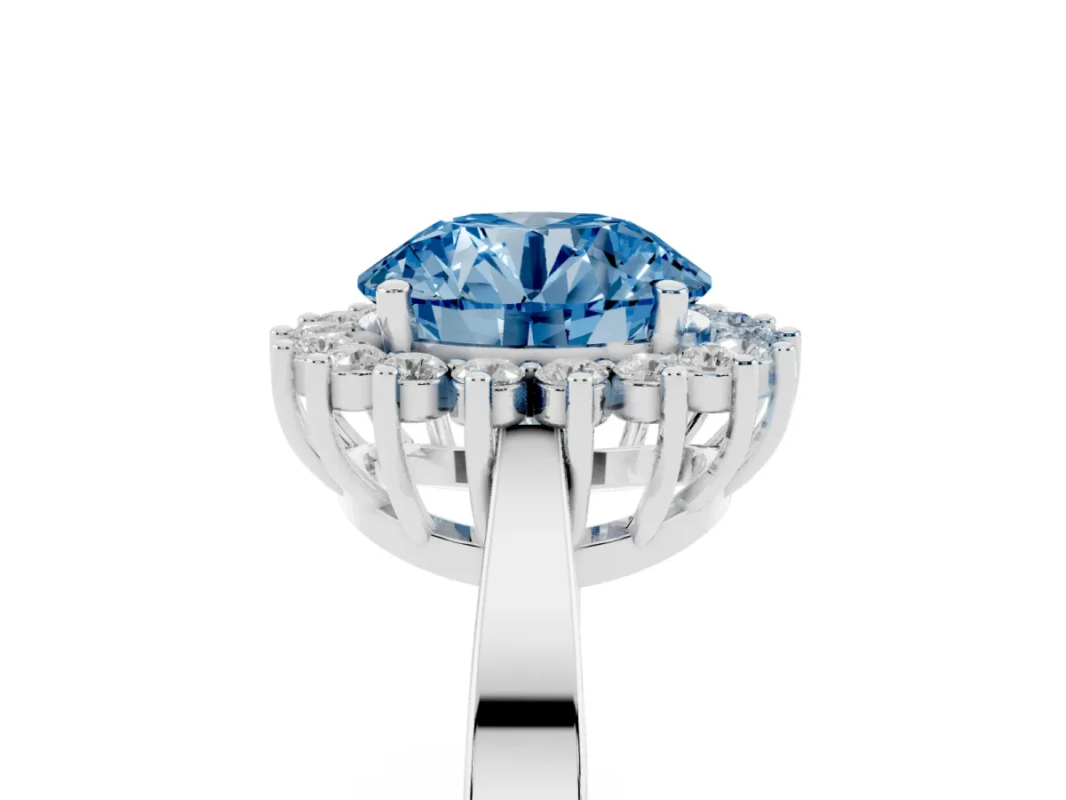 Fancy Blue Round Cut Cut Diamond Halo Ring with Round Brilliant Halo and Solitaire Band Silver