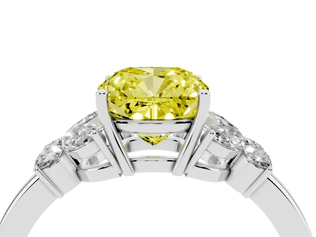 Fancy Yellow Cushion Cut Cut Solitaire Floral Diamond Ring with Four-Prong Setting Silver