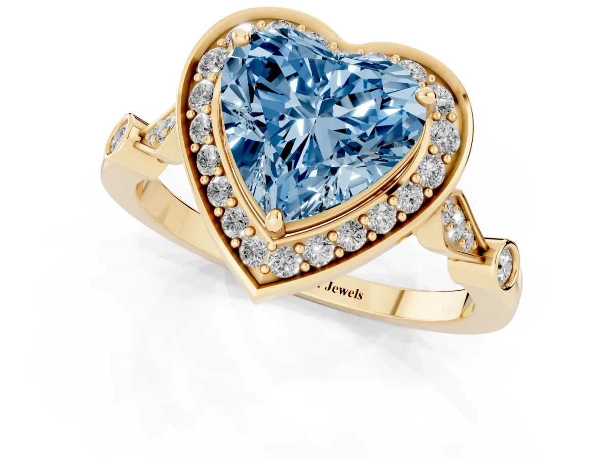 Fancy Blue Heart Cut Halo Diamond Engagement Ring with Twisted Band and Four-Prong Setting Yellow gold