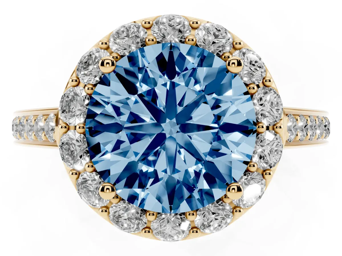 Fancy Blue Round Cut Diamond Floral Halo Ring with Pavé Band and Prong Setting Yellow gold