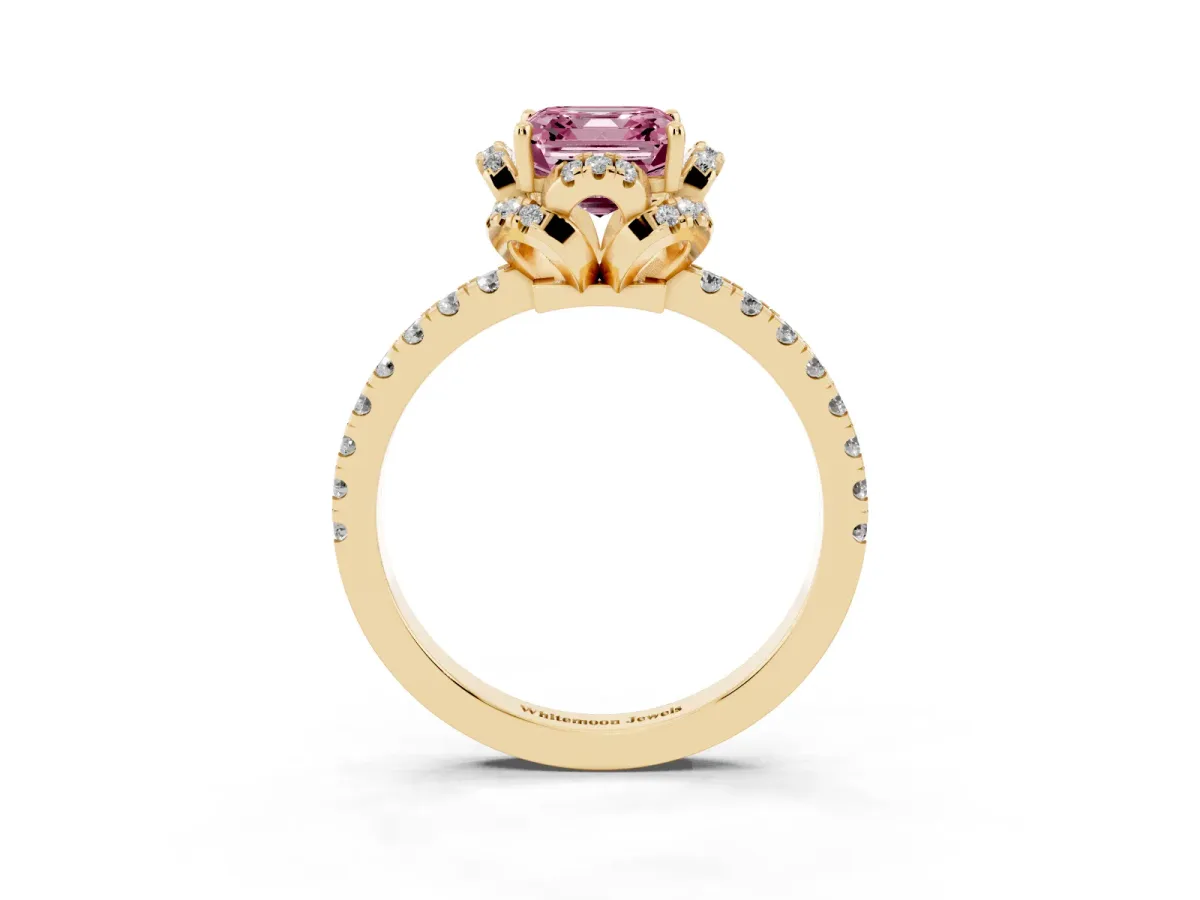 Fancy Pink Asscher Cut Diamond Halo Pave Band with Four-Prong Setting Yellow gold