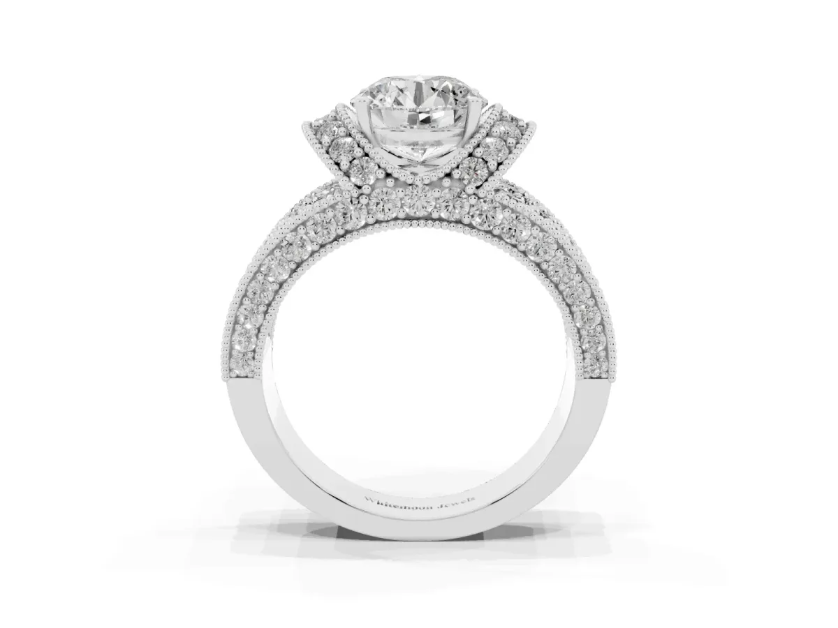 Round Cut Halo Pave Diamond Engagement Ring with Milgrain Detailing Silver