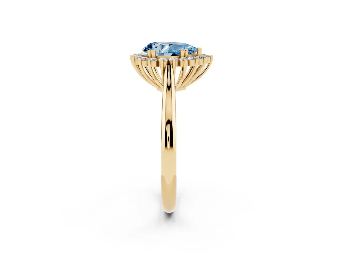 Fancy Blue Pear Cut Cut Diamond Halo Ring with Solitaire Band and Prong Setting Yellow gold