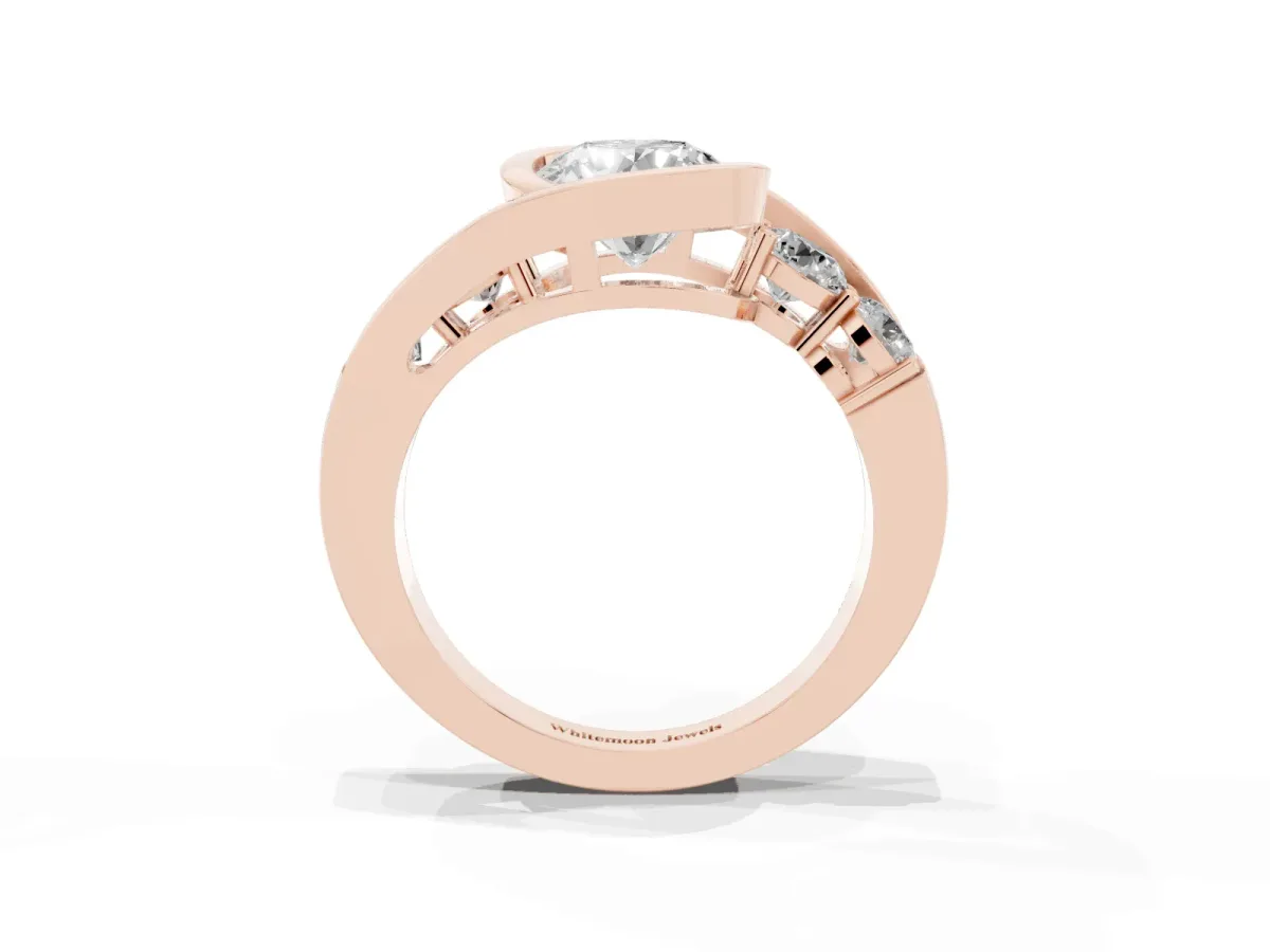 Bezel Set Round Cut Diamond Bypass Ring with Round Accents Rose gold
