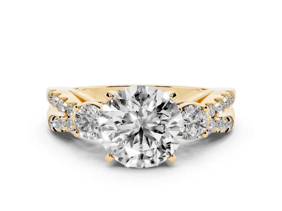 Round Cut Diamond Three-Stone Ring with Pavé Split Shank and Four-Prong Setting Yellow gold