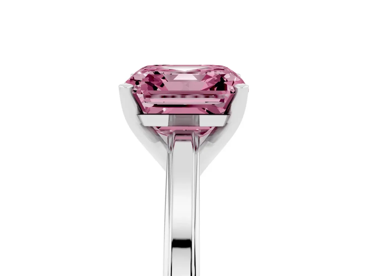 Fancy Pink Asscher Cut Solitaire Diamond Ring with Four-Prong Setting and Classic Band Platinum