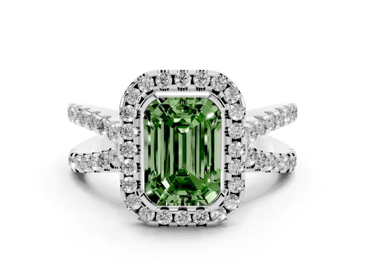 Fancy Green Emerald Cut Diamond Halo Ring with Split Shank Pavé Band and Prong Setting Silver