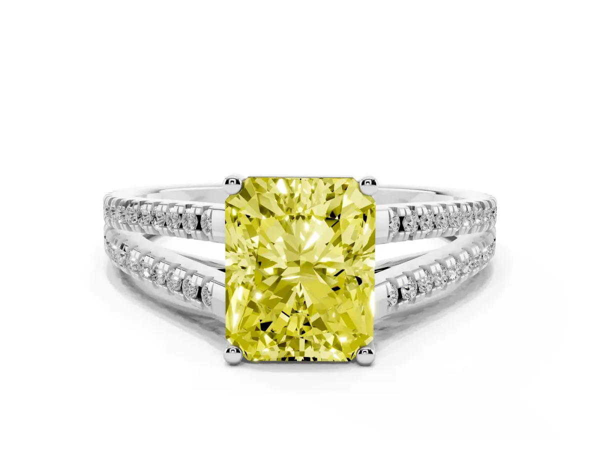 Fancy Yellow Radiant Cut Diamond Solitaire Engagement Ring with Split Shank Pavé Band Silver
