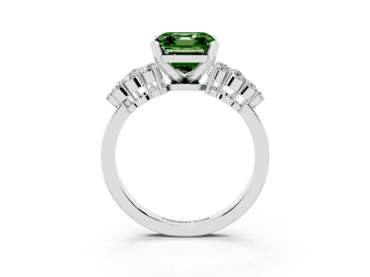 Fancy Green Asscher Cut Cluster Diamond Engagement Ring with Pavé Band and Four-Prong Setting Platinum