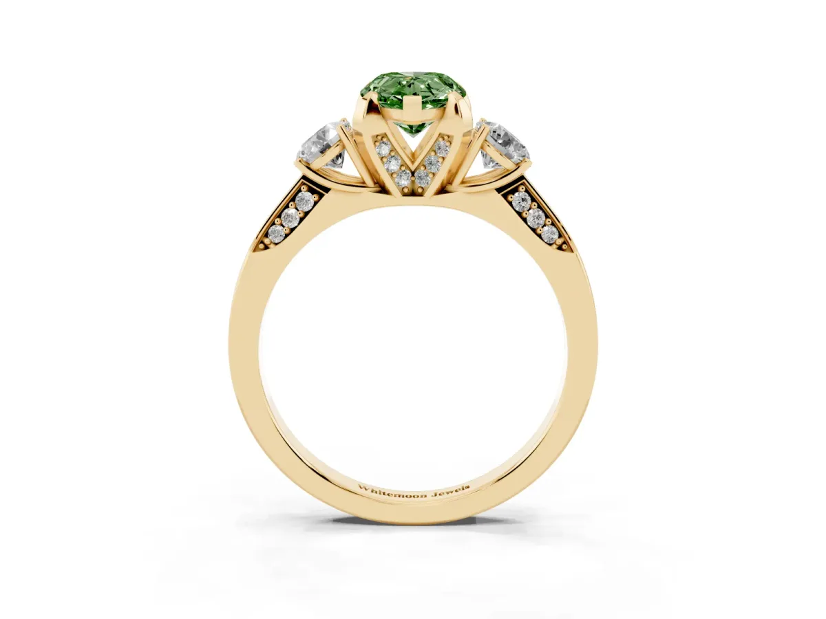 Fancy Green Pear Cut Brilliant Three-Stone Diamond Ring with Pavé Band and Four-Prong Setting Yellow gold