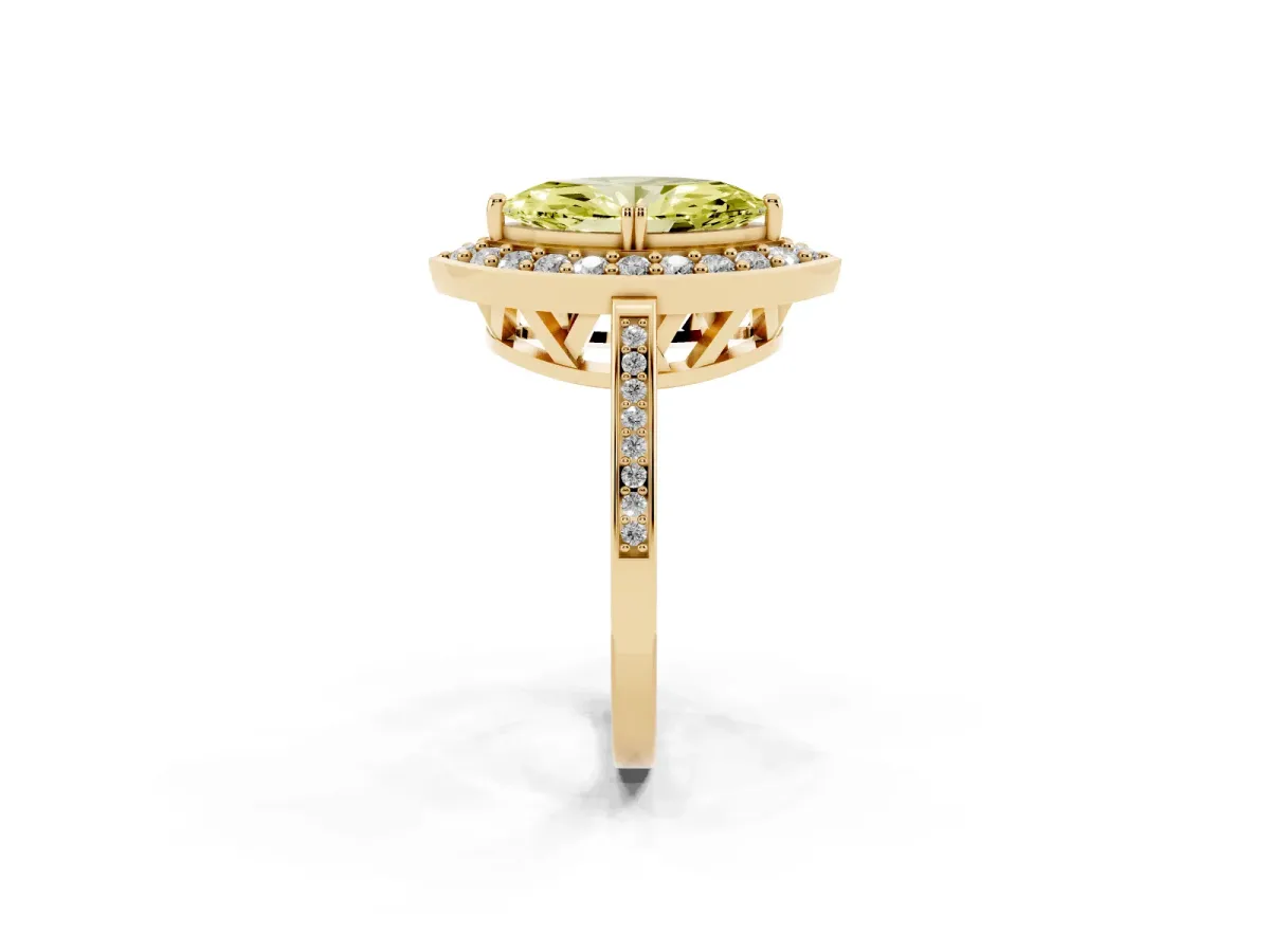 Fancy Yellow Marquise Cut Diamond Halo Ring with Split Shank and Four-Prong Setting Yellow gold