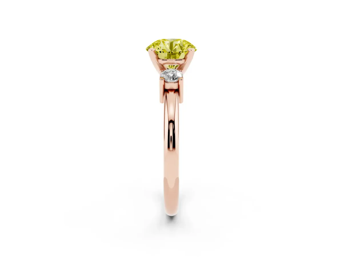Fancy Yellow Three-Stone Round Cut Cut Diamond Solitaire with Prong Setting and Classic Band Rose gold